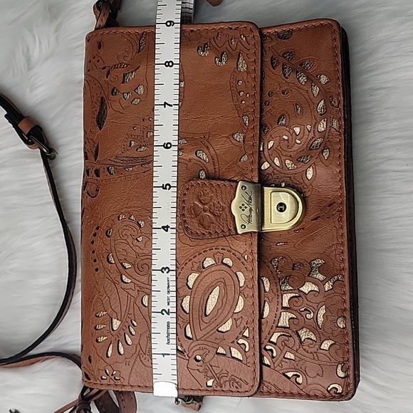 PATRICIA NASH Tan Italian Leather Laser Cut Out Bohemian Crossbody Wristlet Bag - Picture 5 of 16